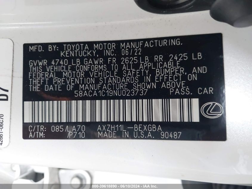 2022 Lexus Es 300H VIN: 58ACA1C19NU023737 Lot: 39618890