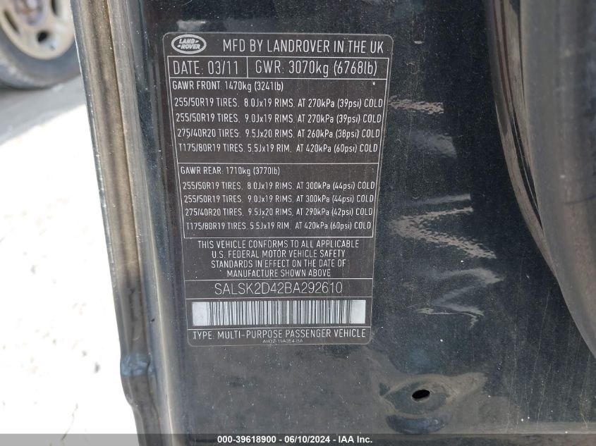 2011 Land Rover Range Rover Sport Hse VIN: SALSK2D42BA292610 Lot: 39618900