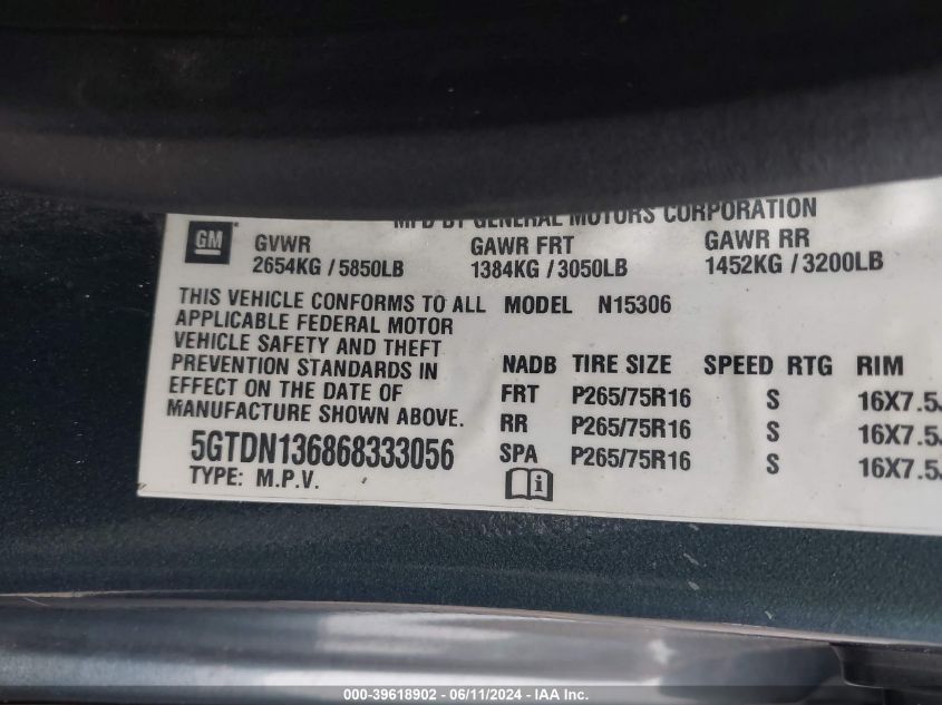 2006 Hummer H3 Suv VIN: 5GTDN136868333056 Lot: 39618902