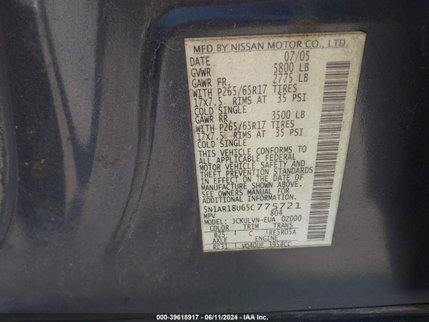 2005 Nissan Pathfinder Le VIN: 5N1AR18U65C775721 Lot: 39618917
