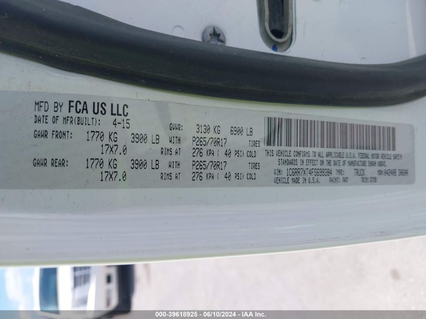 2015 Ram 1500 Ssv VIN: 1C6RR7XT4FS699384 Lot: 39618925