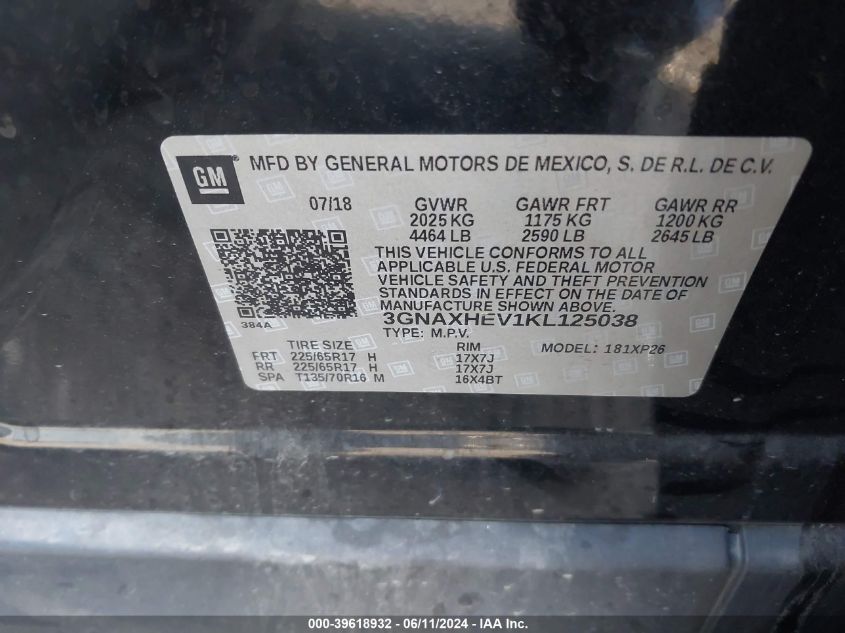 2019 Chevrolet Equinox Ls VIN: 3GNAXHEV1KL125038 Lot: 39618932