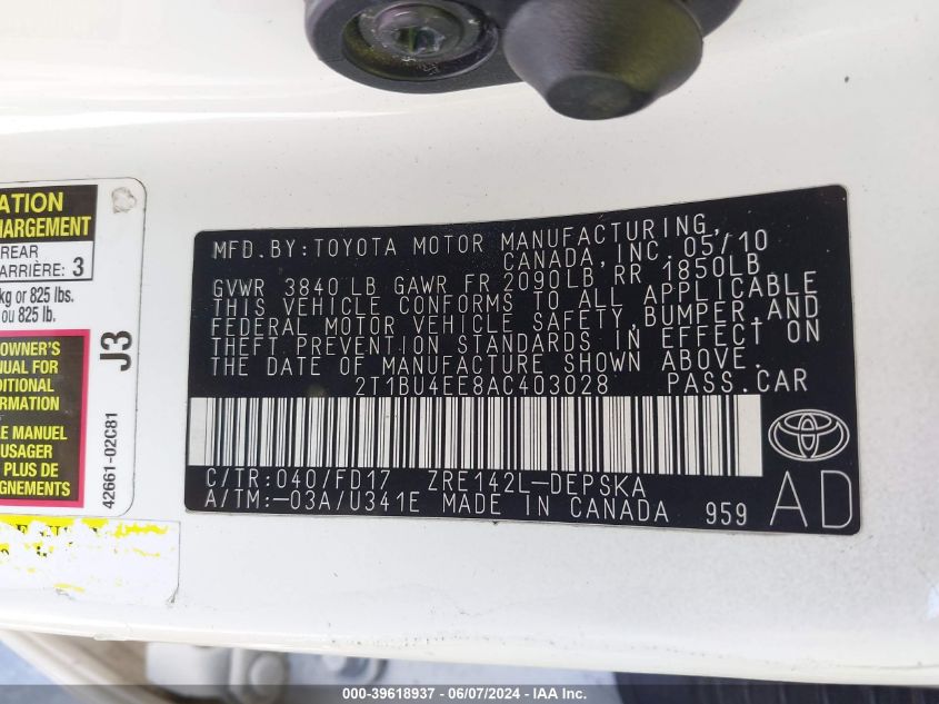 2010 Toyota Corolla S VIN: 2T1BU4EE8AC403028 Lot: 39618937