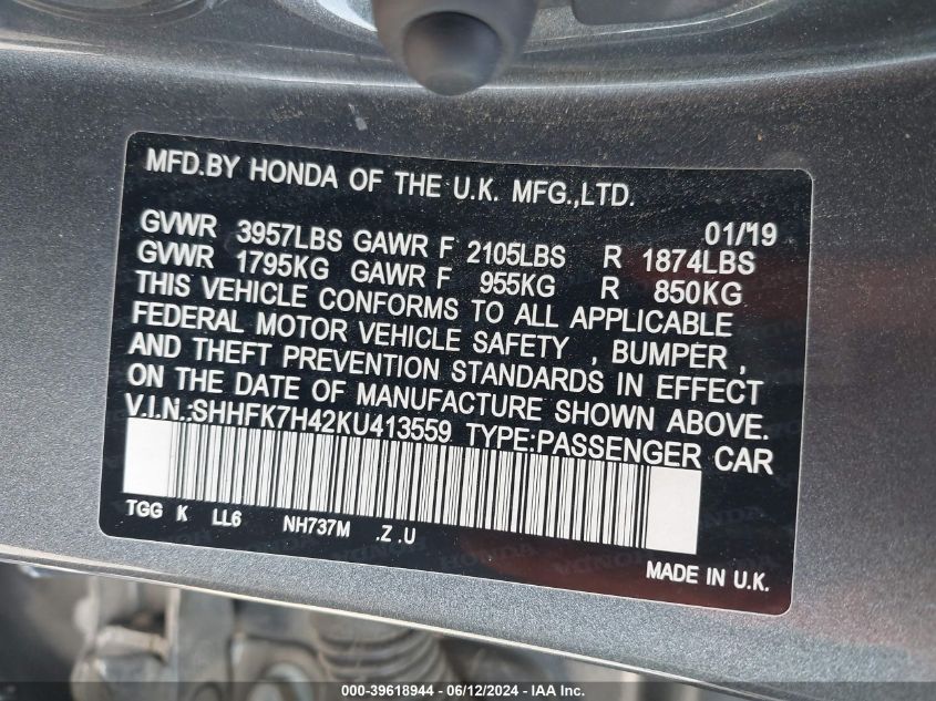 2019 Honda Civic Sport VIN: SHHFK7H42KU413559 Lot: 39618944