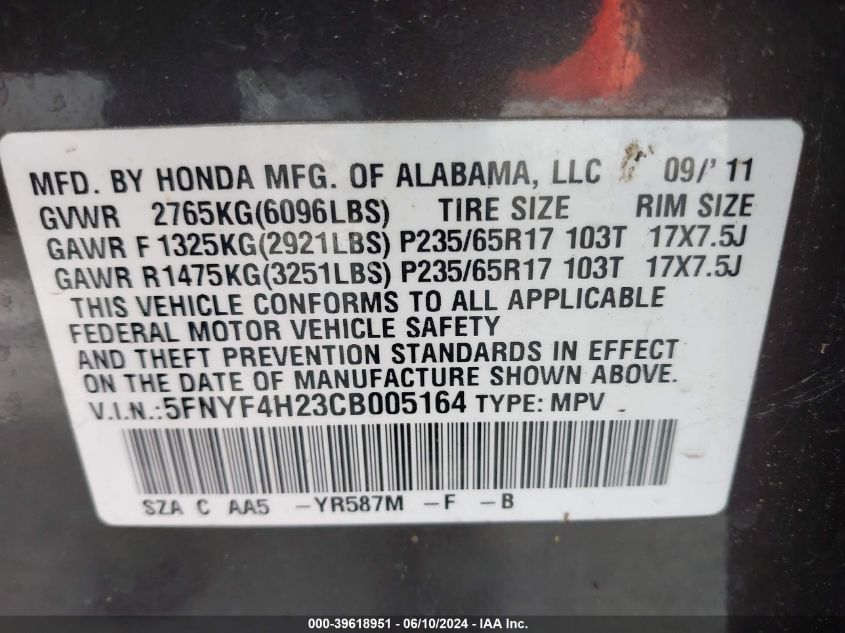 2012 Honda Pilot Lx VIN: 5FNYF4H23CB005164 Lot: 39618951