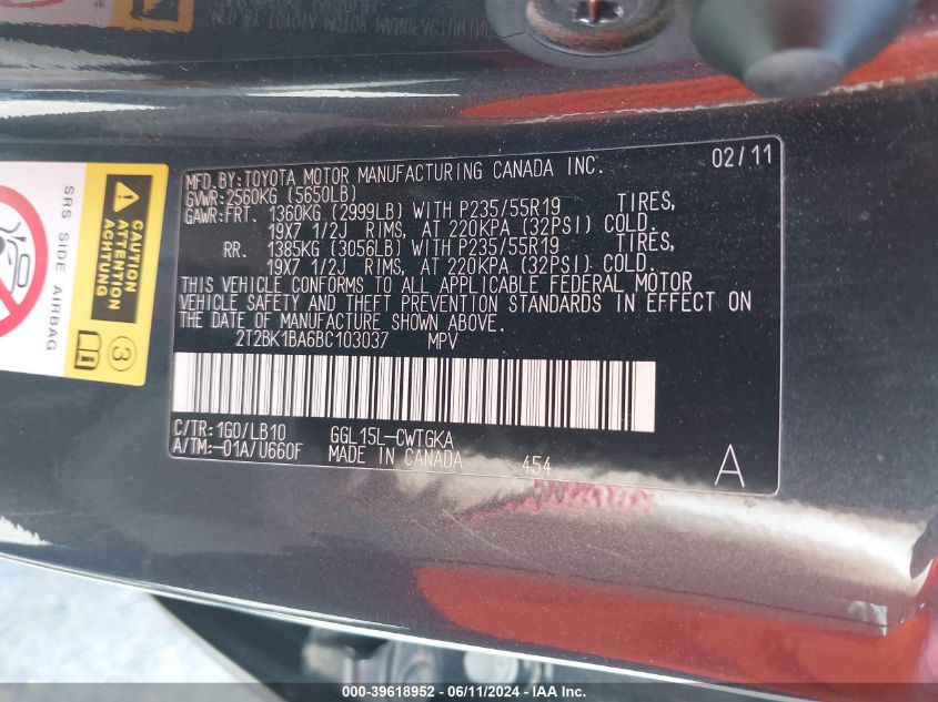 2011 Lexus Rx 350 VIN: 2T2BK1BA6BC1030 Lot: 39618952