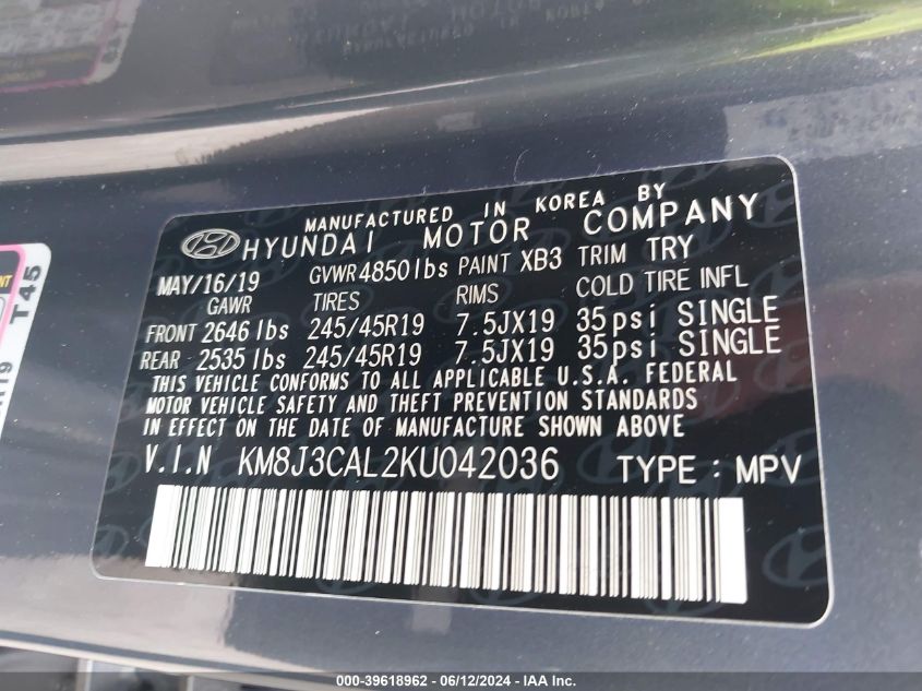 VIN KM8J3CAL2KU042036 2019 HYUNDAI TUCSON SPORT