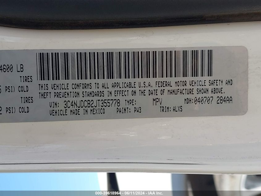 2018 Jeep Compass Limited 4X4 VIN: 3C4NJDCB2JT355778 Lot: 39618964
