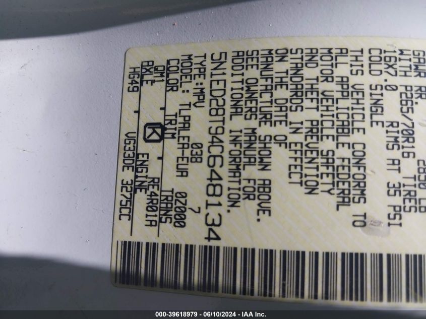 2004 Nissan Xterra Xe VIN: 5N1ED28T94C648134 Lot: 39618979