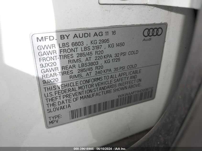 2017 Audi Q7 3.0T Premium VIN: WA1AAAF71HD036712 Lot: 39618985