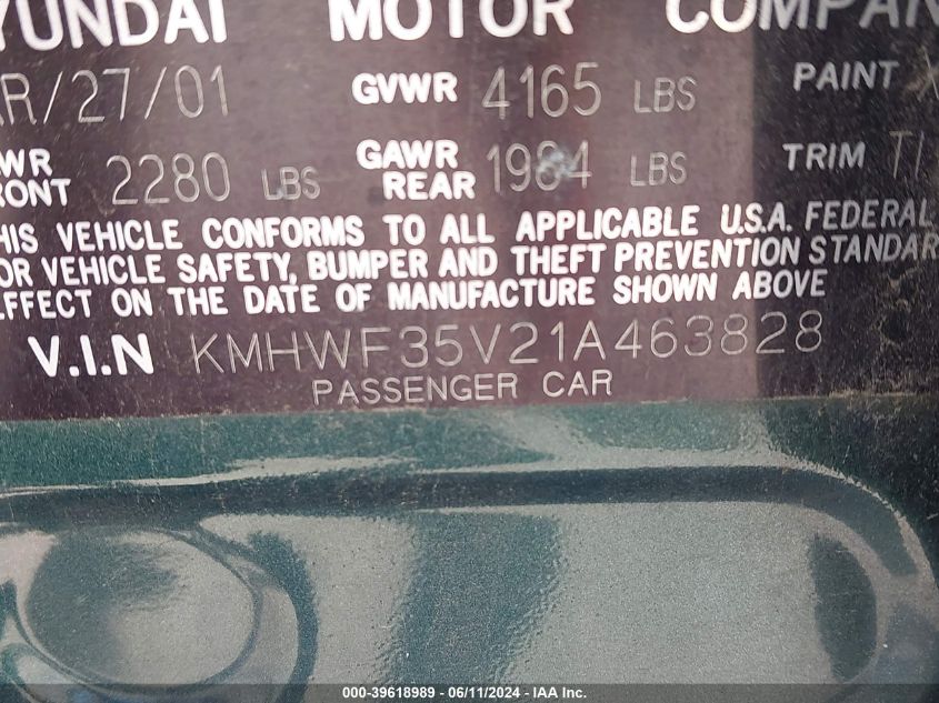 2001 Hyundai Sonata Gls/Gls W/Leather VIN: KMHWF35V21A463828 Lot: 39618989