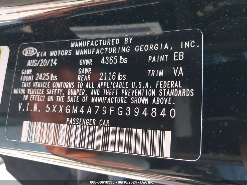 2015 Kia Optima Lx VIN: 5XXGM4A79FG394840 Lot: 39618993