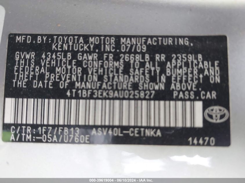 2010 Toyota Camry Base (Retail Orders Only) (A5) VIN: 4T1BF3EK9AU025827 Lot: 39619004