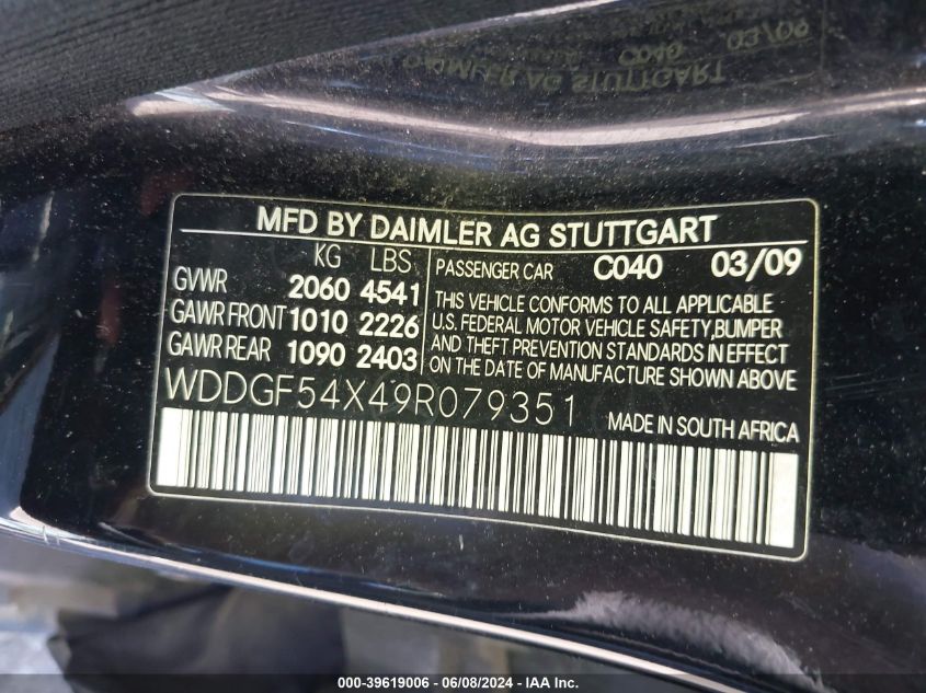 2009 Mercedes-Benz C 300 Luxury/Sport VIN: WDDGF54X49R079351 Lot: 39619006