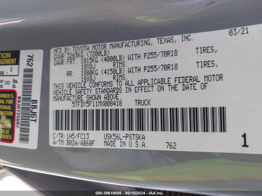 2021 Toyota Tundra Sr5 VIN: 5TFDY5F11MX008418 Lot: 39619008