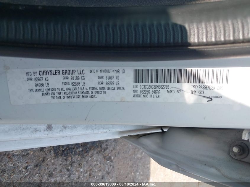 2013 Dodge Avenger Se V6 VIN: 1C3CDZAG3DN682709 Lot: 39619009