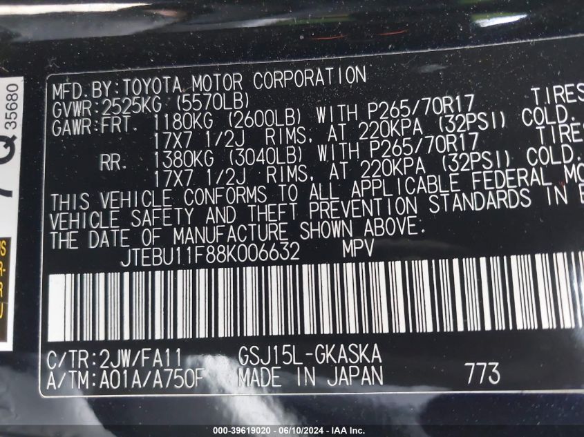 2008 Toyota Fj Cruiser VIN: JTEBU11F88K006632 Lot: 39619020