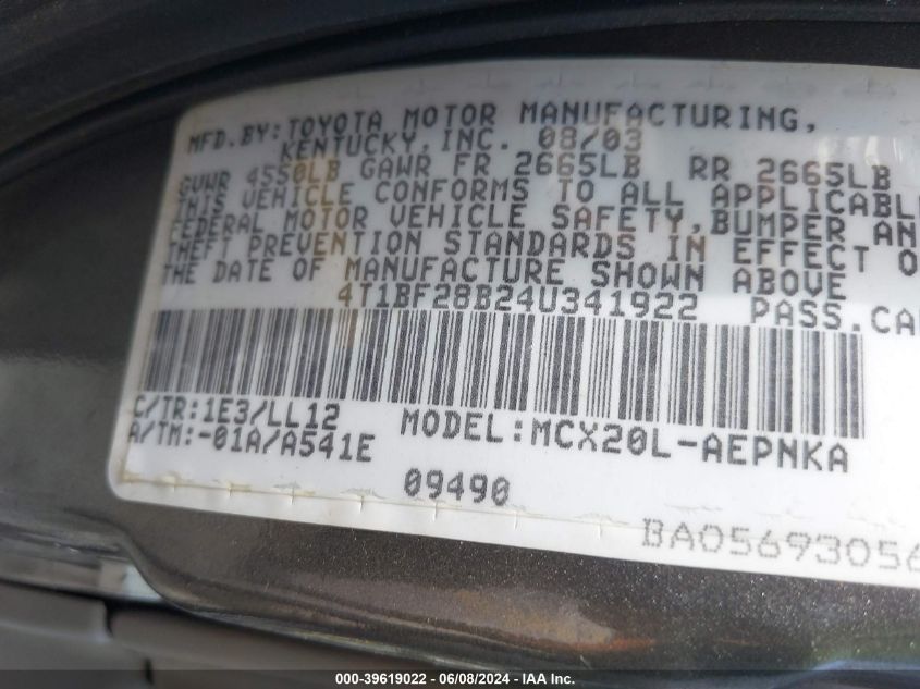 2004 Toyota Avalon Xl VIN: 4T1BF28B24U341922 Lot: 39619022