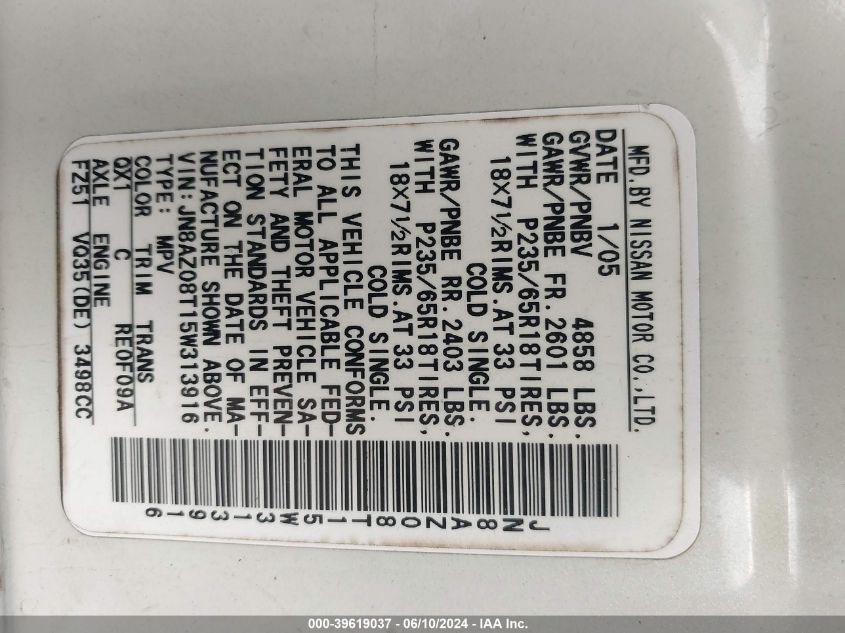 2005 Nissan Murano Sl VIN: JN8AZ08T15W313916 Lot: 39619037