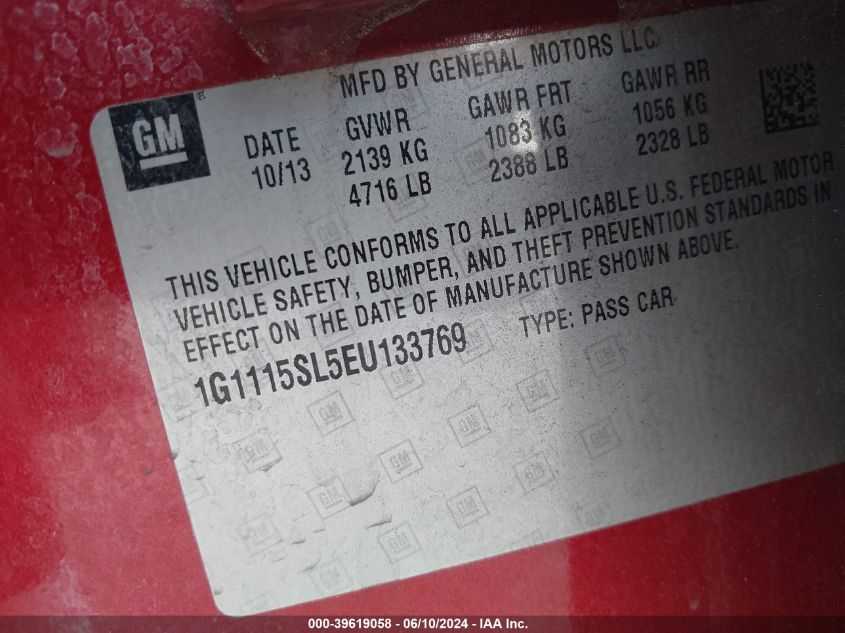 2014 Chevrolet Impala 1Lt VIN: 1G1115SL5EU133769 Lot: 39619058