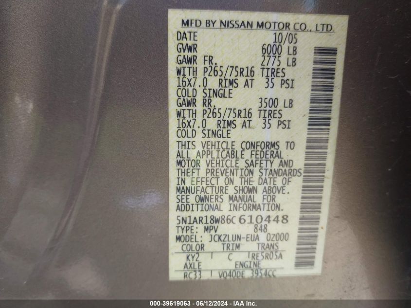 2006 Nissan Pathfinder Se Off-Road VIN: 5N1AR18W86C610448 Lot: 39619063