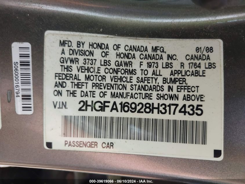 2008 Honda Civic Ex-L VIN: 2HGFA16928H317435 Lot: 39619066