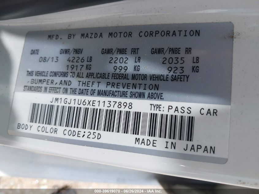 2014 Mazda Mazda6 I Sport VIN: JM1GJ1U6XE1137898 Lot: 39619070