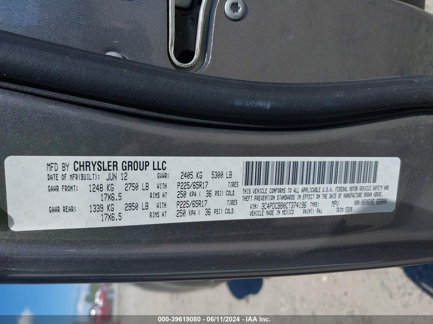 2012 Dodge Journey Sxt VIN: 3C4PDCBB0CT374196 Lot: 39619080