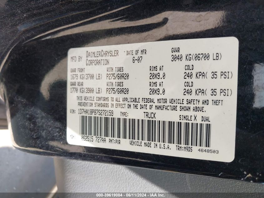 2007 Dodge Ram 1500 Slt VIN: 1D7HA18P87S272159 Lot: 39619084