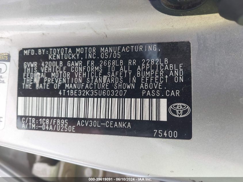 2005 Toyota Camry Le VIN: 4T1BE32K35U603207 Lot: 39619091