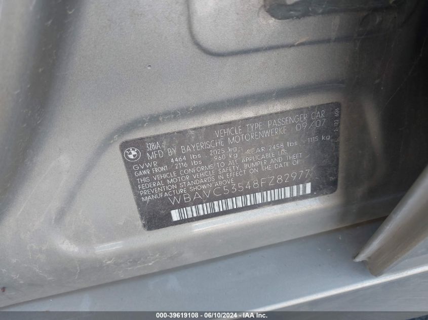 2008 BMW 328I VIN: WBAVC53548FZ82977 Lot: 39619108