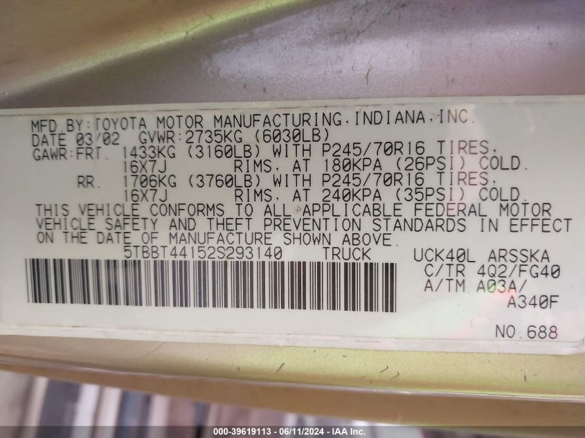 2002 Toyota Tundra Sr5 V8 VIN: 5TBBT44152S293140 Lot: 39619113