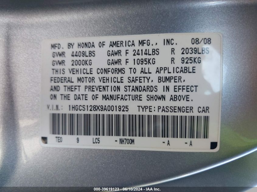 2009 Honda Accord 2.4 Ex-L VIN: 1HGCS128X9A001925 Lot: 39619123