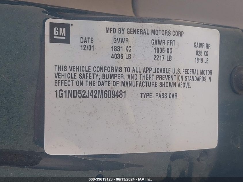 2002 Chevrolet Malibu VIN: 1G1ND52J42M609481 Lot: 39619128