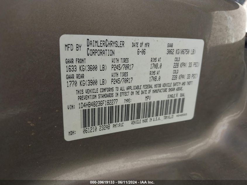 2006 Dodge Durango Slt VIN: 1D4HB48236F182277 Lot: 39619133