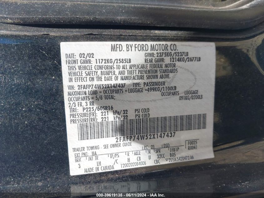 2002 Ford Crown Victoria Lx VIN: 2FAFP74W52X147437 Lot: 39619135