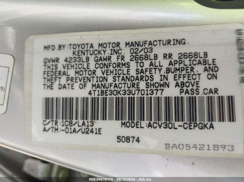 2003 Toyota Camry Xle VIN: 4T1BE30K33U701377 Lot: 39619170
