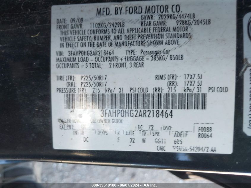 2010 Ford Fusion Se VIN: 3FAHP0HG2AR218464 Lot: 39619180