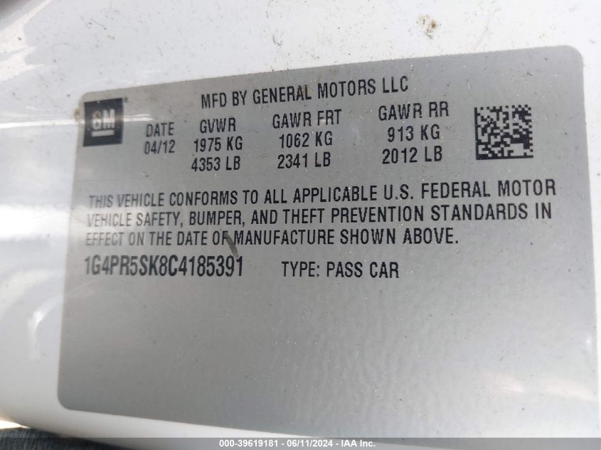 2012 Buick Verano Convenience Group VIN: 1G4PR5SK8C4185391 Lot: 39619181