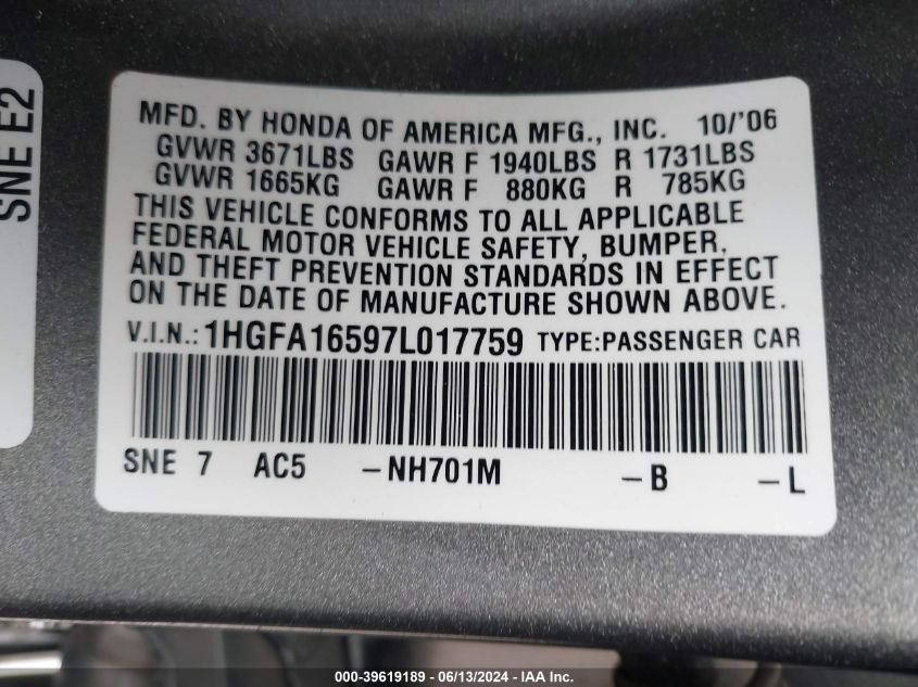 2007 Honda Civic Lx VIN: 1HGFA16597L017759 Lot: 39619189