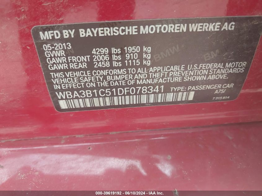 2013 BMW 320I VIN: WBA3B1C51DF078341 Lot: 39619192
