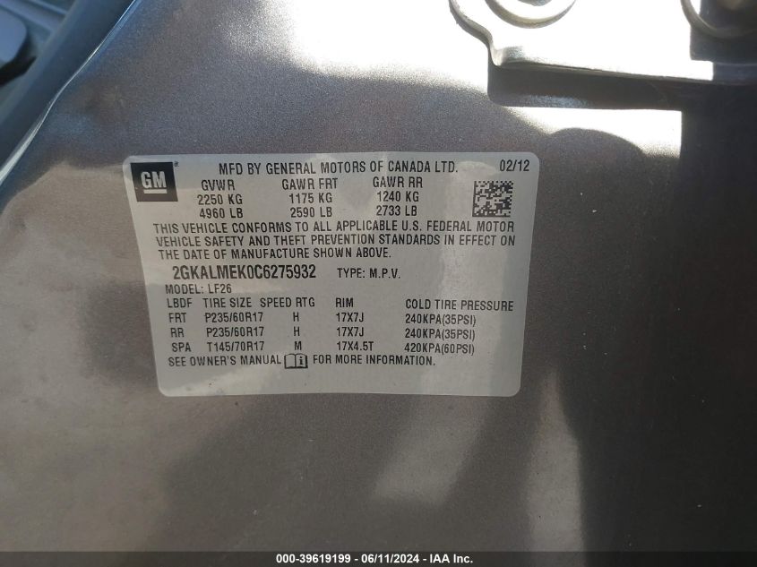 2012 GMC Terrain Sle-1 VIN: 2GKALMEK0C6275932 Lot: 39619199