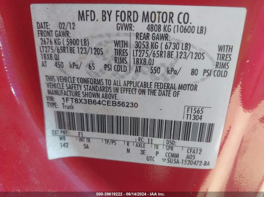 2012 Ford F-350 Lariat VIN: 1FT8X3B64CEB56230 Lot: 39619222