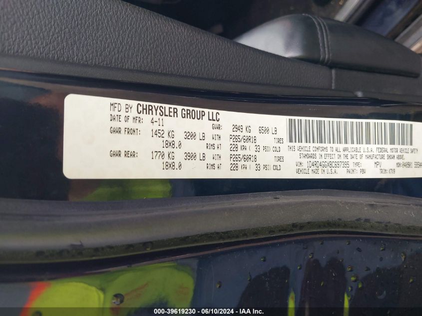 2011 Dodge Durango Crew VIN: 1D4RD4GGXBC697395 Lot: 39619230