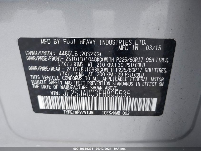 2015 Subaru Forester 2.5I Premium VIN: JF2SJADC3FH805535 Lot: 39619231