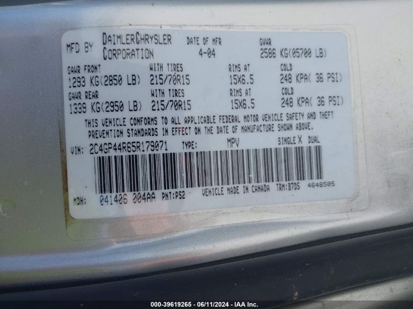 2005 Chrysler Town & Country Lx VIN: 2C4GP44R65R179071 Lot: 39619265