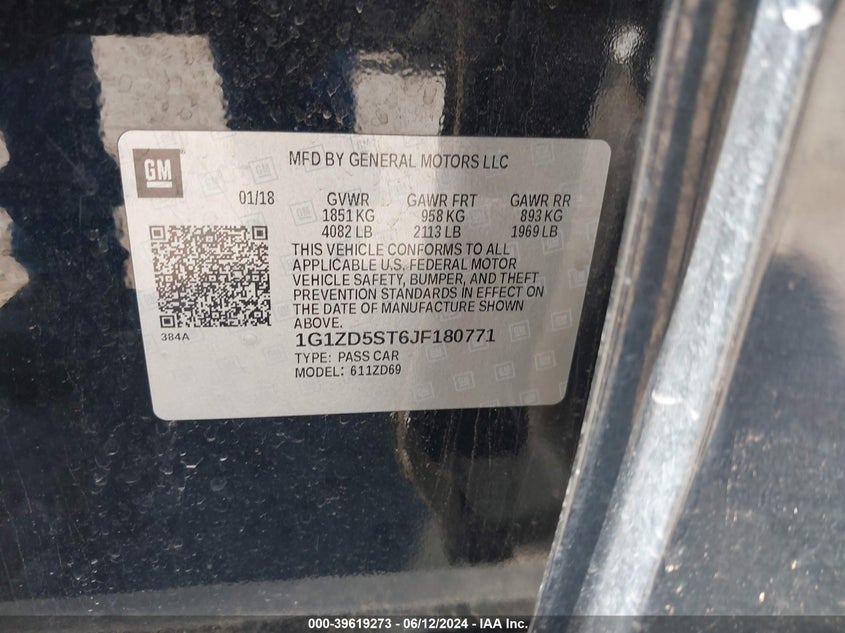 2018 Chevrolet Malibu Lt VIN: 1G1ZD5ST6JF180771 Lot: 39619273