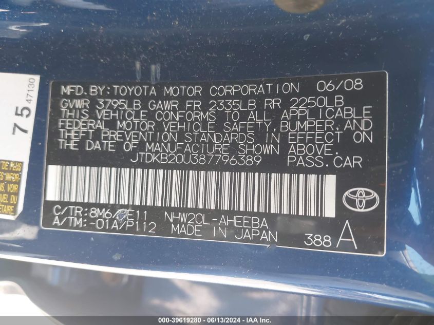 2008 Toyota Prius VIN: JTDKB20U387796389 Lot: 39619280