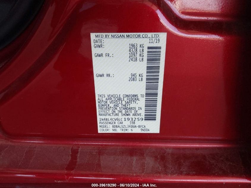 2020 Nissan Altima Sr Fwd VIN: 1N4BL4CV6LC193259 Lot: 39619290