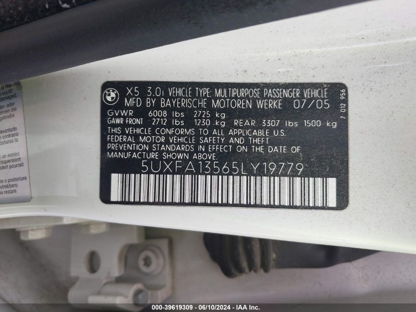 2005 BMW X5 3.0I VIN: 5UXFA13565LY19779 Lot: 39619309